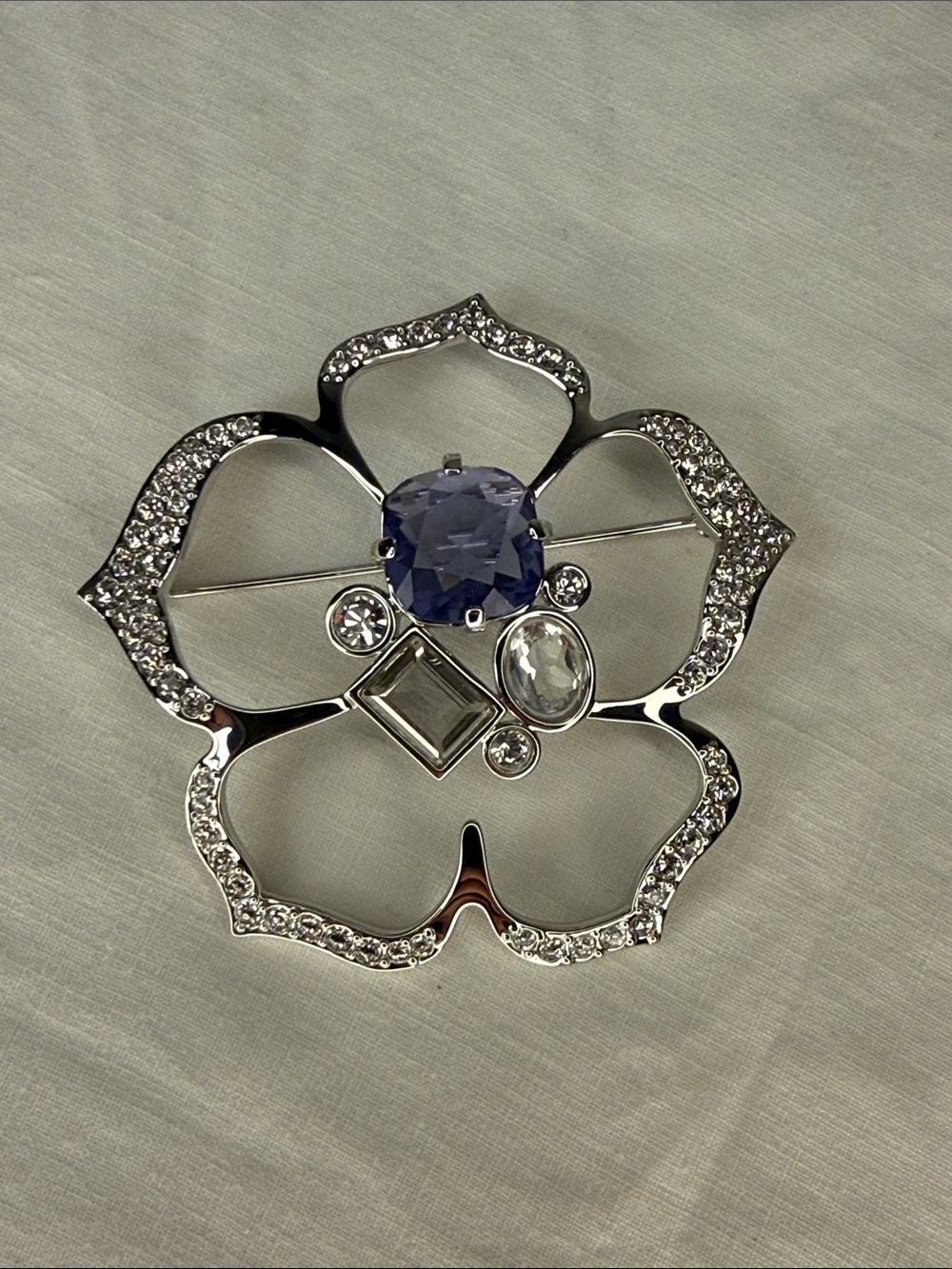 Swarovski Large Crystal Flower Brooch Blue Center 2.5" Statement